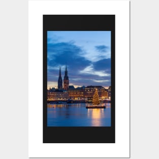 Jungfernstieg, town hall, Binnenalster, Christmas lights, dusk, Hamburg, Germany Posters and Art